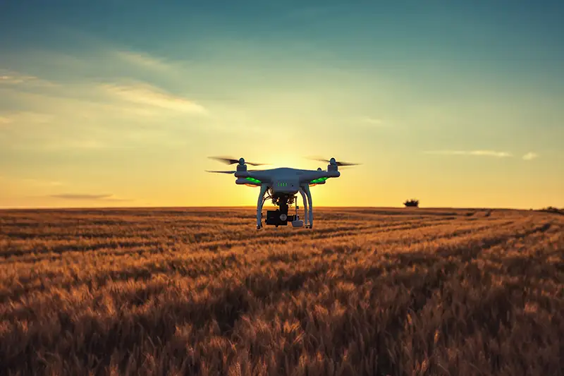 A drone flys in a field as the sun sets behind it.
