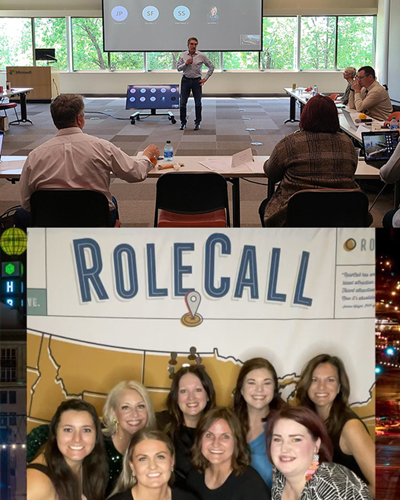 Two photos are stacked on top of each other. On top, North Dakota Governor Doug Burgum stands in front of the Workforce Development Council in Fargo on June 1 2023. On the bottom, Becca Cruger stands with a group of summit attendees in Flint Michigan as part of the Talent Attract Summit in June 2023.