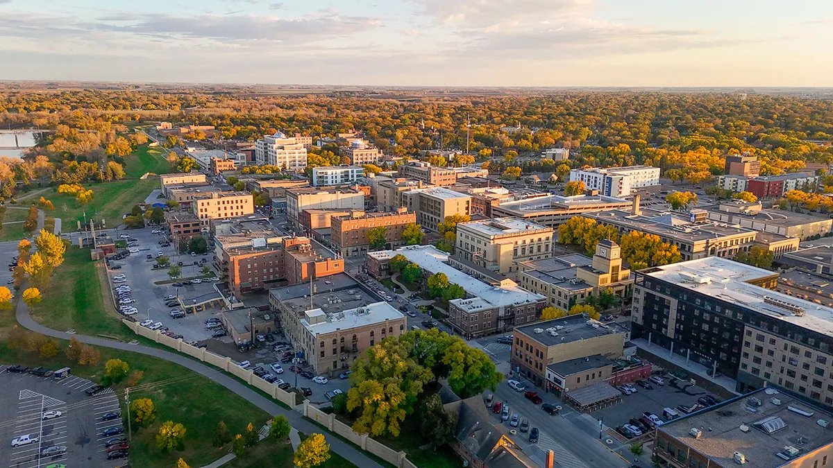 A drone shot of downtown Grand Forks in the fall.