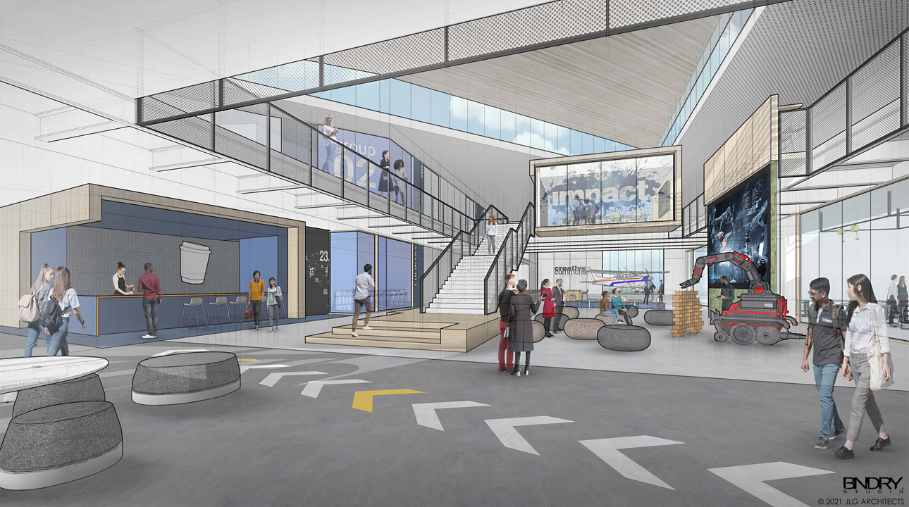A rendering of the inside of the Career Impact Academy scheduled to be built in Grand Forks depicts students walking through the main lobby of the building. In the far corner is the steps that lead up to a 2nd floor landing. On the first floor, a coffee shop is depicted with sitting space, a bobcat bulldozer, and an aircraft.