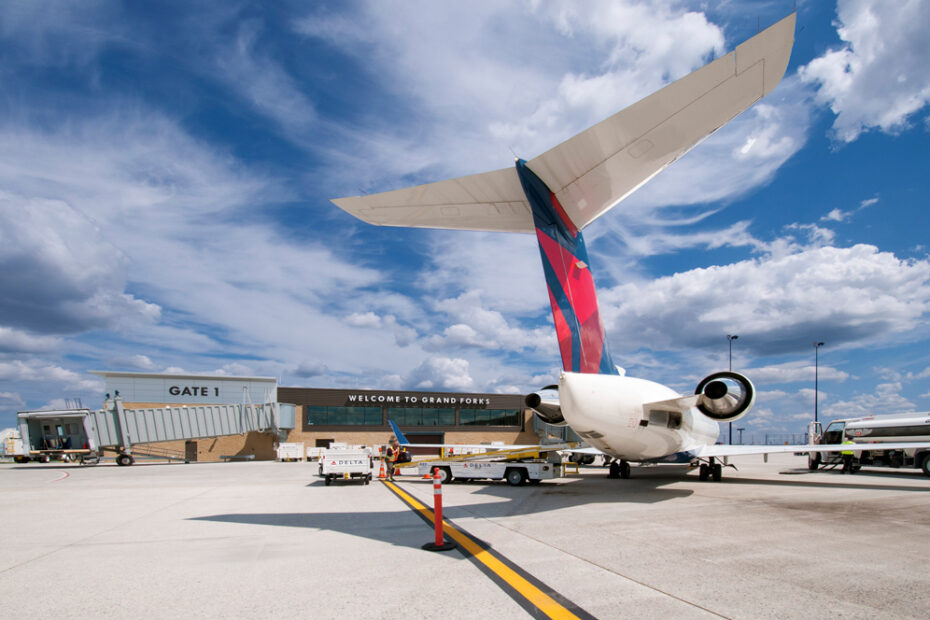 A plane is docked at the Grand Forks International Airport.