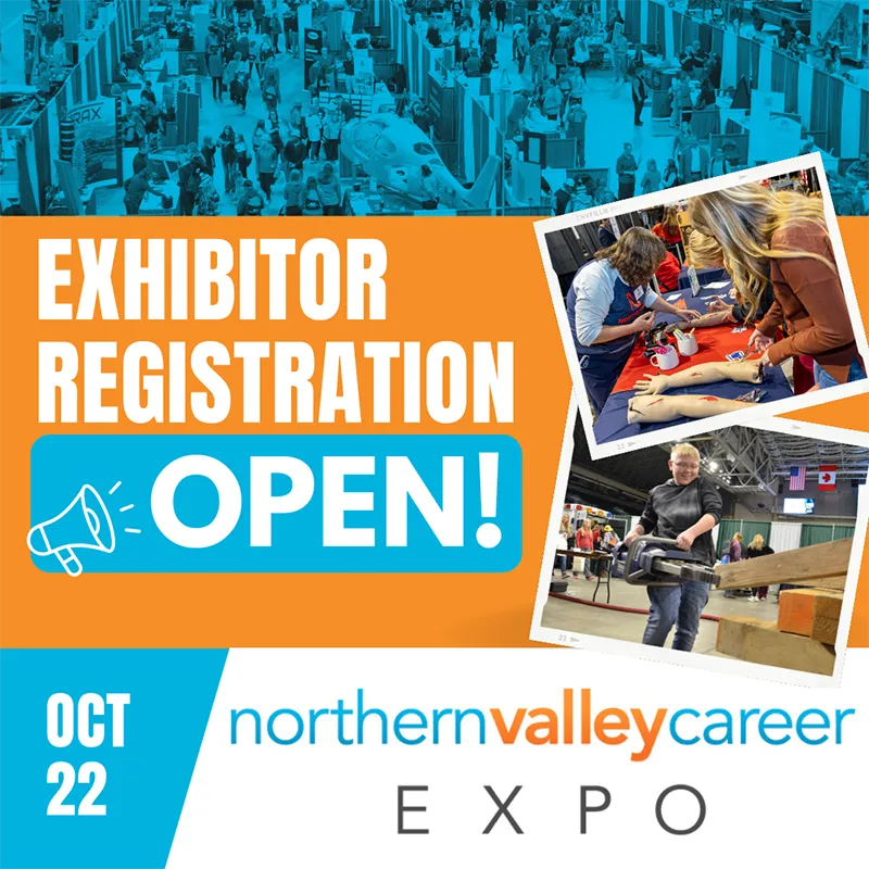 A mixed media graphic that reads, "Exhibitor registration open! Oct 22, Northern Valley Career Expo".